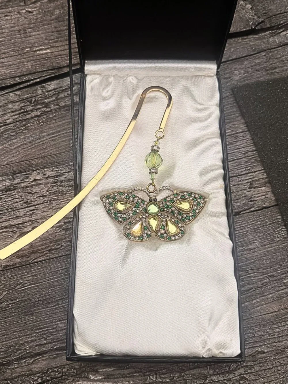 Vintage Bombay Bookmark Jeweled Butterfly Gold Green Amber Stones Jewels in Box